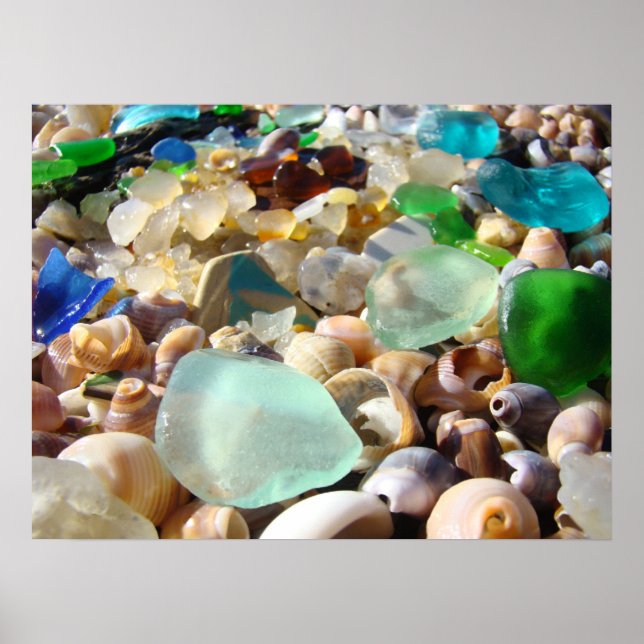 Blue Sea Glass Art druckt Küstenstrand Agates Poster (Vorne)