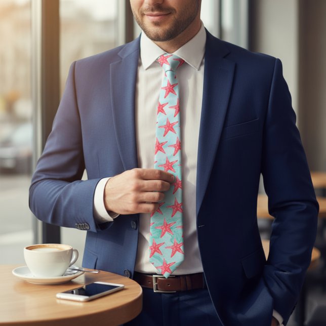 Blue Sea Star Fish Muster Neck Tie Krawatte (Von Creator hochgeladen)