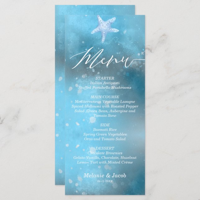 Blue Sea Summer Wedding Flat Menu Card Menükarte (Vorne/Hinten)