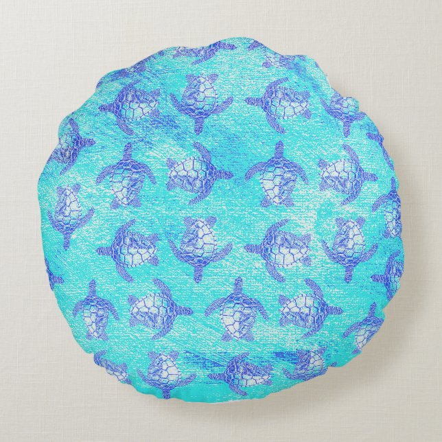 Blue Sea Turtle Print Rundes Kissen (Rückseite)
