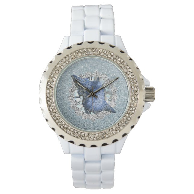 Blue Seashell Aquamarine Jewel Imitats Glitzer Armbanduhr (Vorderseite)