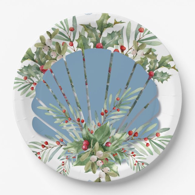 Blue Seashell Coastal Weihnachten Pappteller (Vorderseite)