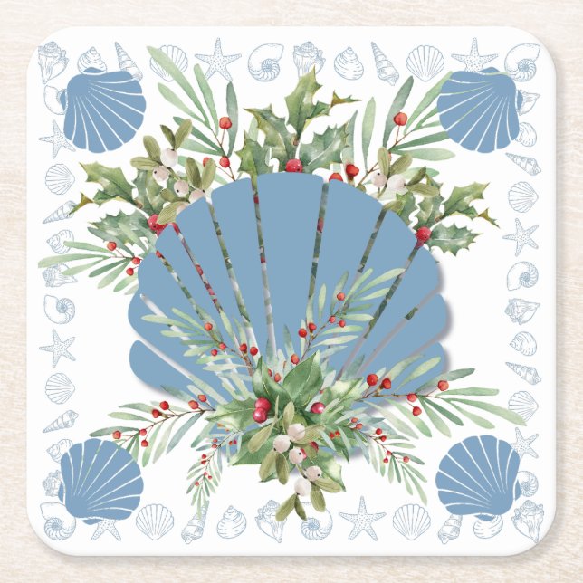 Blue Seashell Coastal Weihnachten Rechteckiger Pappuntersetzer (Vorderseite)