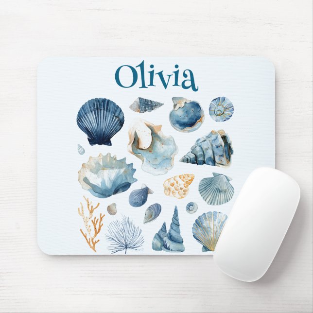 Blue Seashell Mouse Pad | Custom Name Mousepad (Mit Mouse)