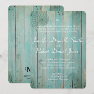 Blue Seashell on Wood Beach Wedding Einladung