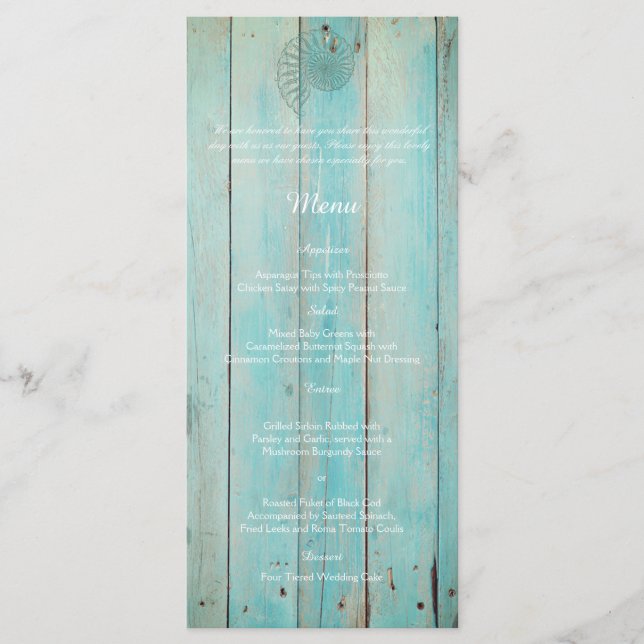 Blue Seashell on Wood Beach Wedding Menu Menükarte (Vorderseite)