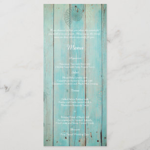 Blue Seashell on Wood Beach Wedding Menu Menükarte