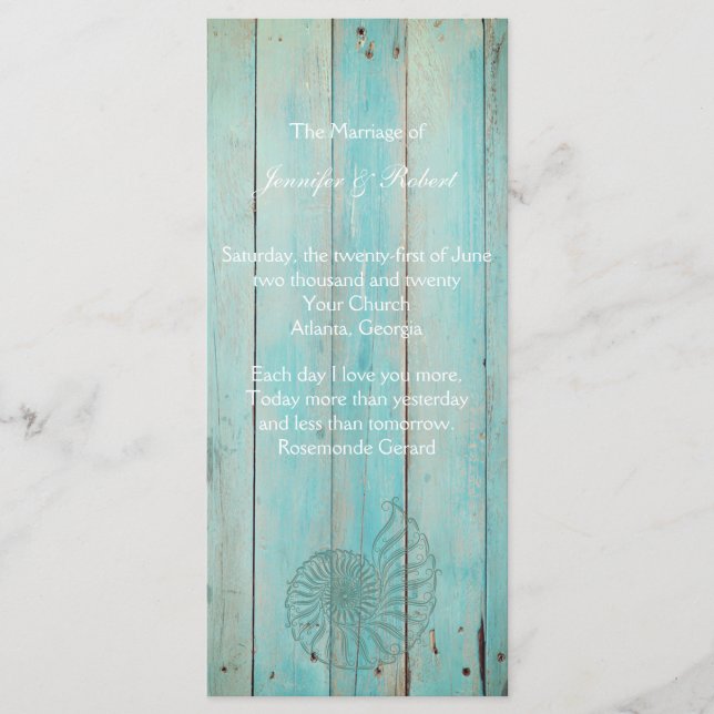 Blue Seashell sur Wood Beach Programme de mariage (Devant)