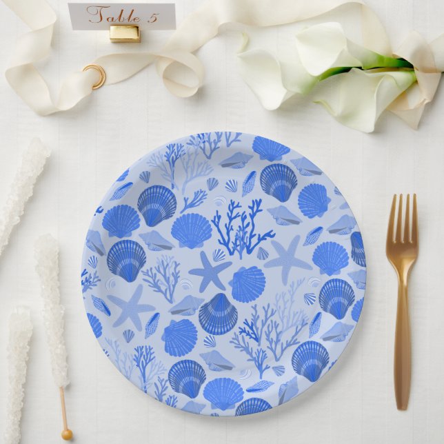 Blue Seashells and Coral Pattern Beach Pappteller (Hochzeit)