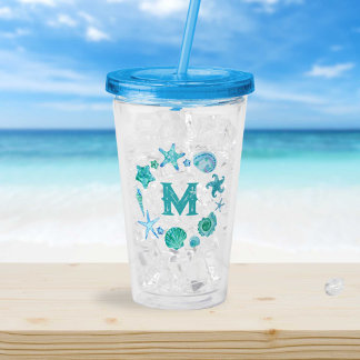 Blue Seashells and Starfish Monogram Acryltrinkbecher