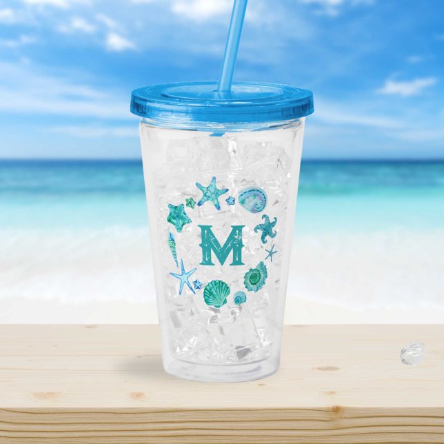 Blue Seashells and Starfish Monogram Acryltrinkbecher (Coastal Ocean Blue Seashells and Starfish Monogram Acrylic Tumbler)