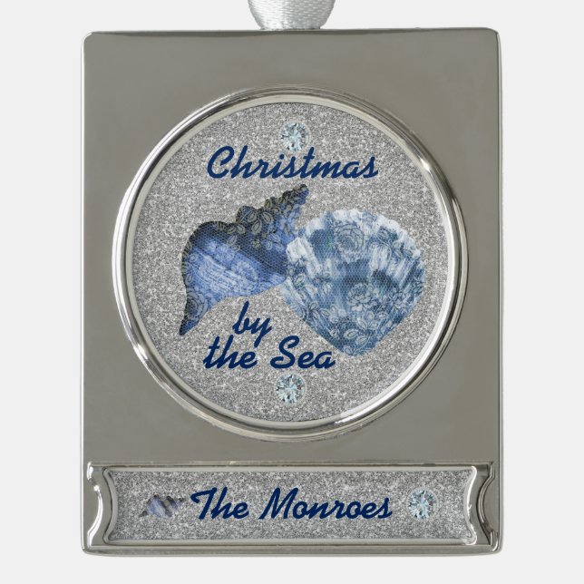 Blue Seashells Silver Imitats Glitzer Xmas am Meer Banner-Ornament Silber (Vorderseite)