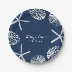 Blue Seashells Summer Beach Wedding Pappteller