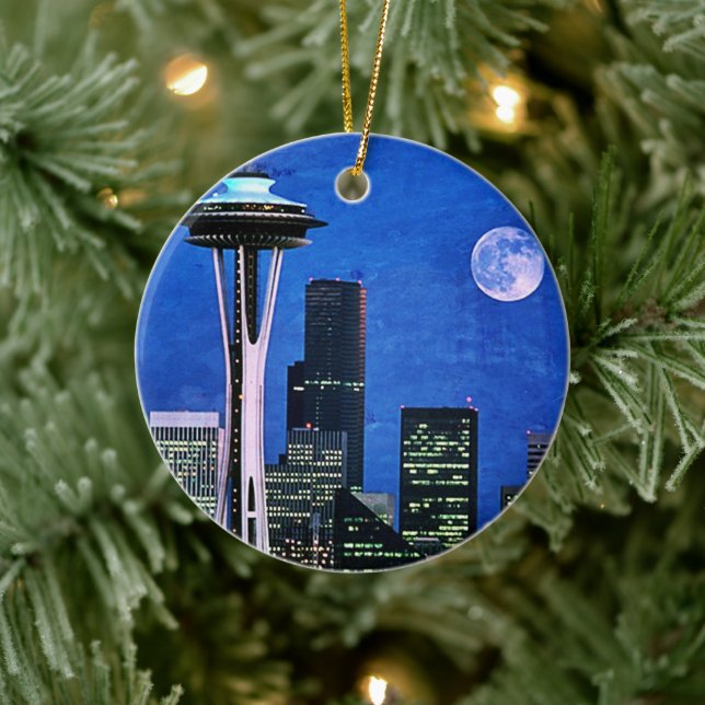 Blue Seattle Skyline Frohe Weihnachten Keramik Ornament (Baum)