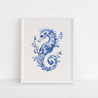 Blue Seepferd - Coastal Blue on Beige Wall Art