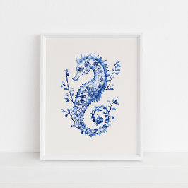 Blue Seepferd - Coastal Blue on Beige Wall Art Poster