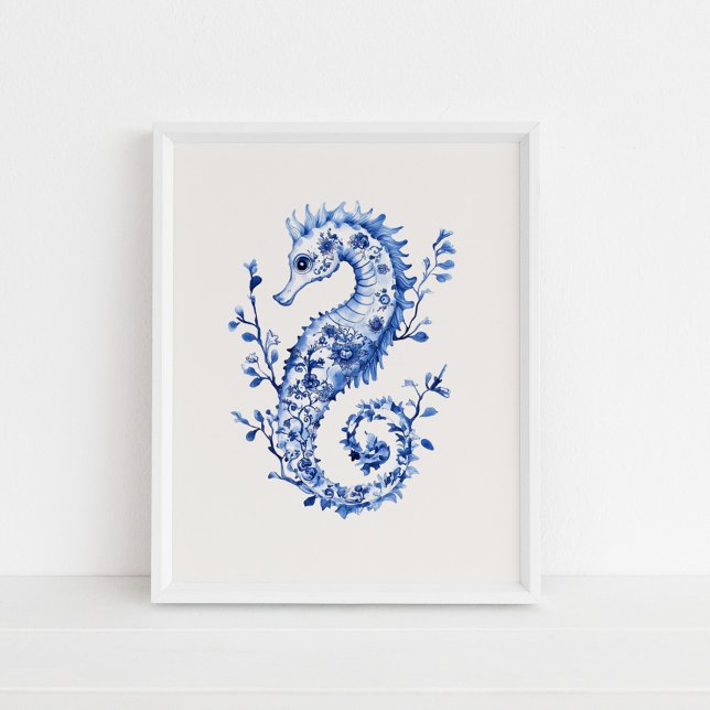 Blue Seepferd - Coastal Blue on Beige Wall Art Poster (Blue Seahorse – Coastal Blue on Beige Wall Art in a white frame on the floor.)