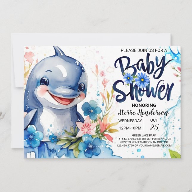 Blue Sees und Floral Dolphin Boy Baby Shower Einladung (Vorderseite)