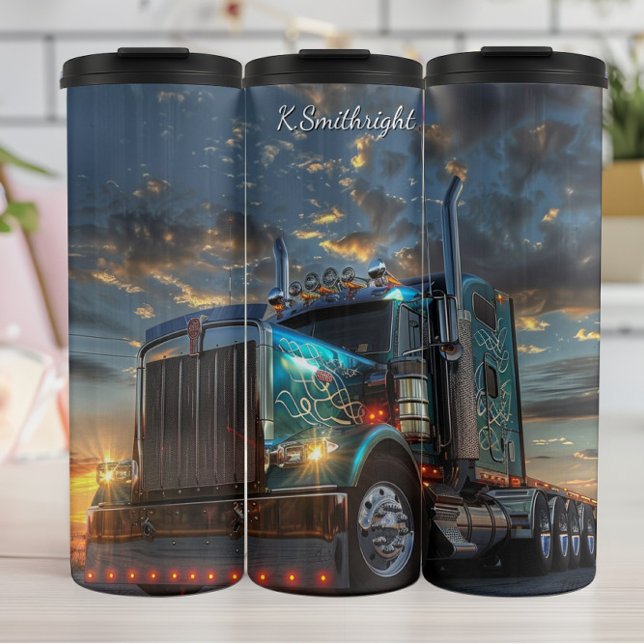 Blue Semi Truck Sunset Scrollwork Thermosbecher (Von Creator hochgeladen)