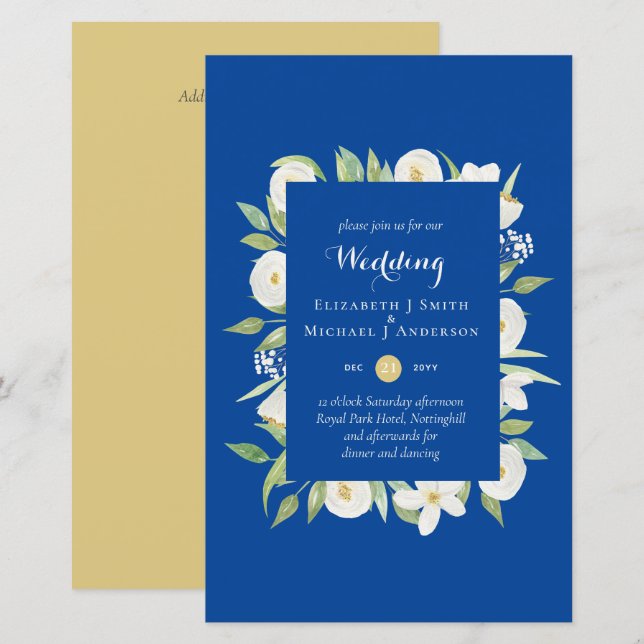 Blue Senf Green Floral Budget Hochzeit Einladung A (Vorne/Hinten)