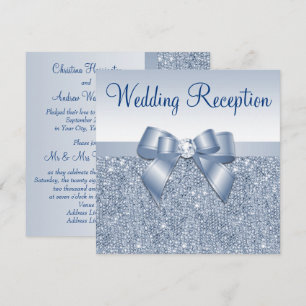 Blue Sequins & Jeweled Bow Wedding Reception Einladung
