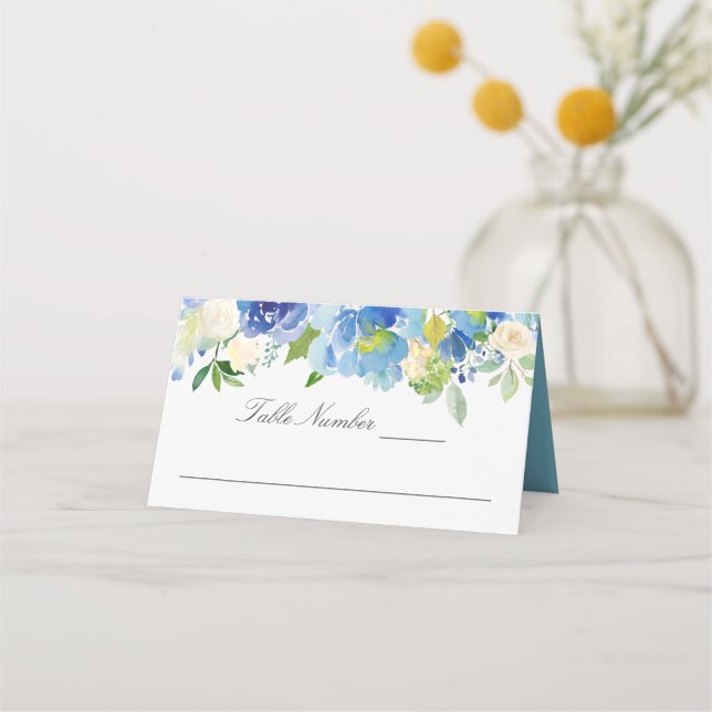 Blue Serenity Watercolor Floral Platzkarte (Vorderseite)