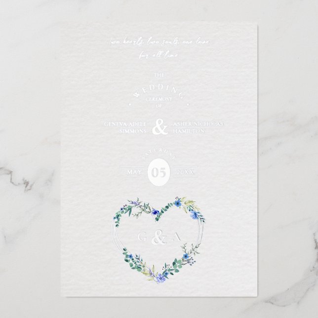 Blue Shades Heart Luxury Romantic Botanical Floral Folieneinladung (Vorderseite)