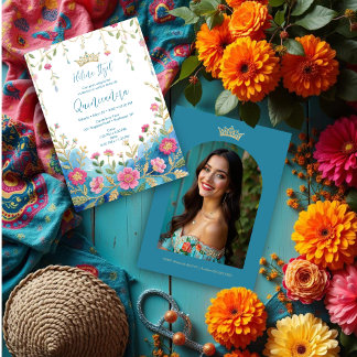 Blue Shades Spanish Mexican XVs Floral Border Einladung