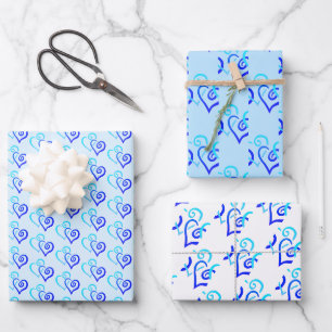Blue Shades Two Linked Heart Pattern Geschenkpapier Set
