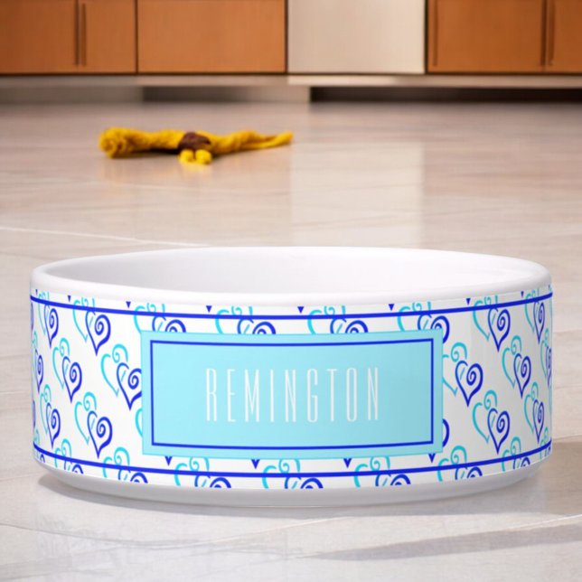Blue Shades zwei miteinander verbundene Herzmuster Napf (front custom pet bowl blue linked heart pattern )