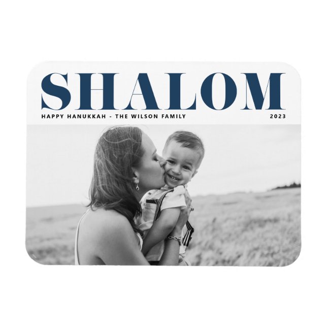 Blue Shalom Bold Typografy Happy Hanukkah Foto Magnet (Horizontal)