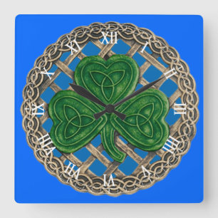 Blue Shamrock & Celtic Knots Roman Numeral Clock Quadratische Wanduhr