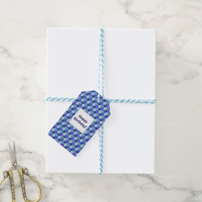 Blue Shapes Geburtstag Geschenkanhänger (Mit Garn)
