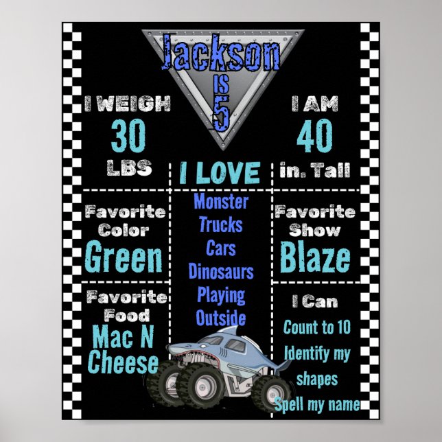 Blue Shark Monster Truck Milestone Chart Poster (Vorne)