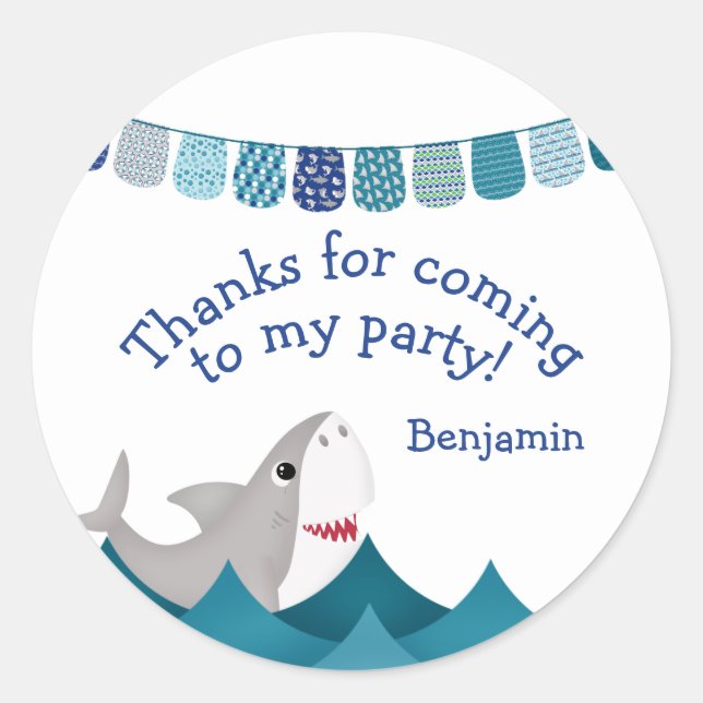 Blue Shark Nautical Birthday Gefallen Vielen Dank Runder Aufkleber (Vorderseite)