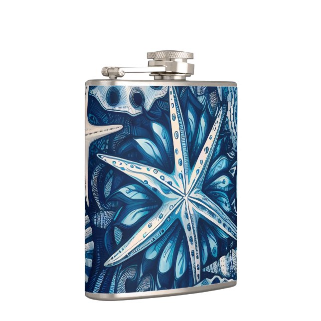 Blue Shells Beach Batik Starfish Nautical Theme Flachmann (Rechts)
