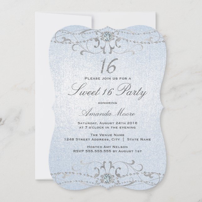 Blue Shimmer Diamond Damask Sweet 16 Invitation (Devant)