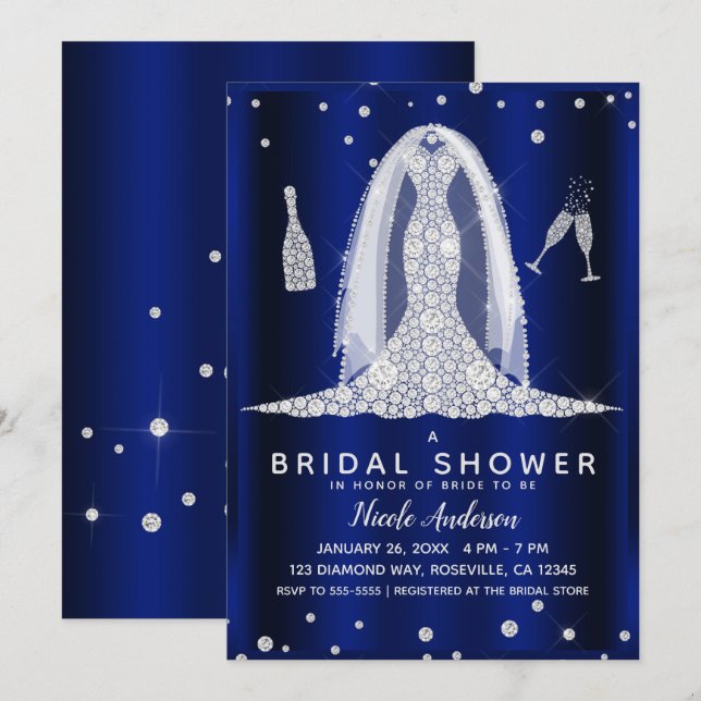 Blue Shine Diamond Wedding Dress Brautparty Einladung (Vorne/Hinten)