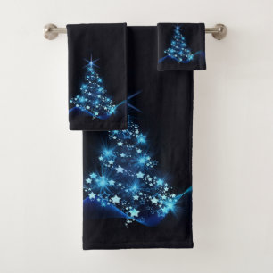 Blue Shine of Stars on Christmas Tree Dark Badhandtuch Set