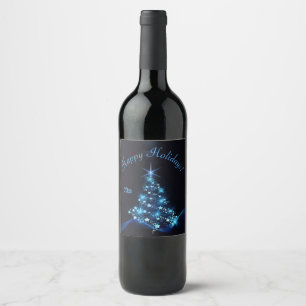 Blue Shine of Stars on Christmas Tree Dark Weinetikett