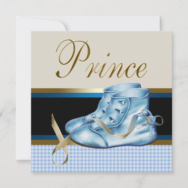 Blue Shoes Black Gold Crown Prince Baby Dusche Einladung (Vorderseite)