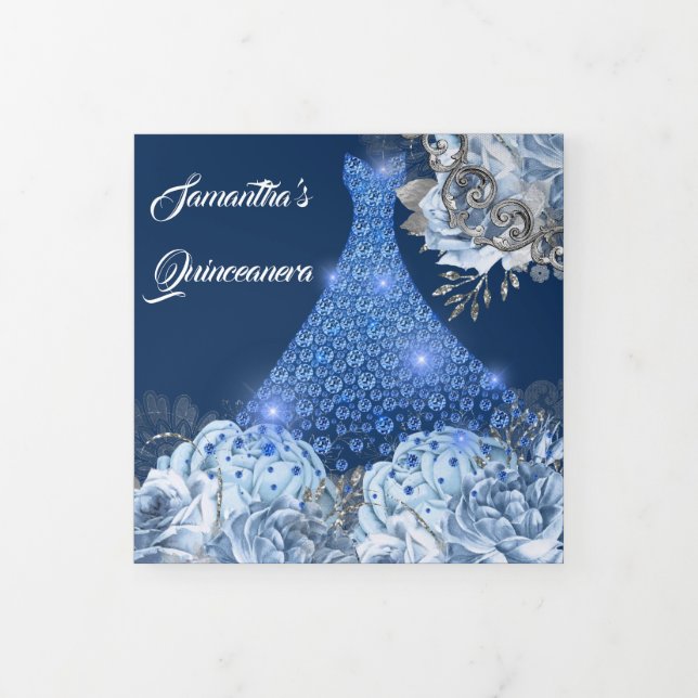 Blue silber Rose Frauen FOTO Blumengeburt Dreifach Gefaltete Einladung (Cover)