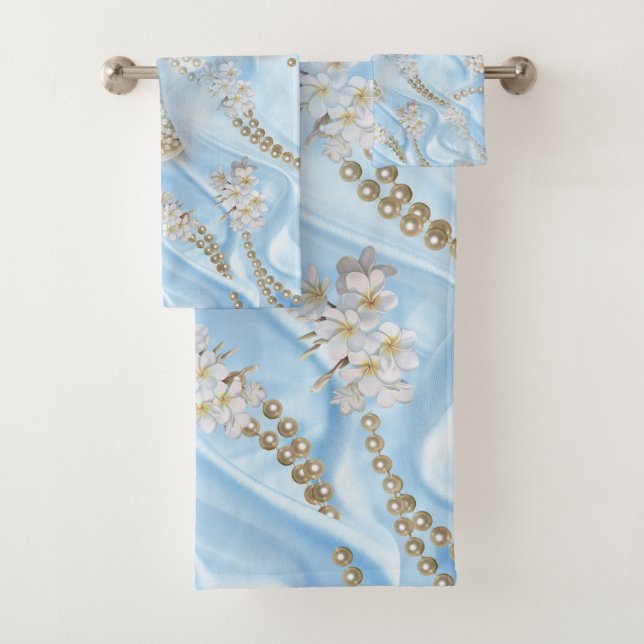 Blue Silk & Ivory Champaign Pearls Badhandtuch Set (Insitu)