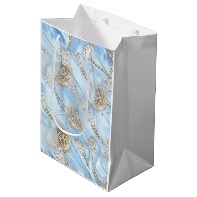 Blue Silk & Ivory Champaign Pearls Mittlere Geschenktüte (Vorderseite Schrägansicht)