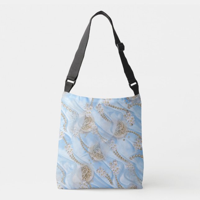 Blue Silk & Ivory Champaign Pearls Tragetaschen Mit Langen Trägern (Vorderseite)