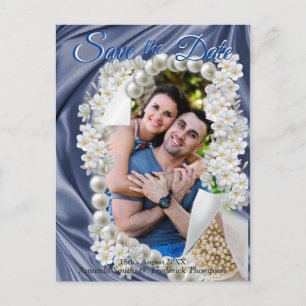 Blue Silk & Ivory Pearls Save the Date Ankündigungspostkarte