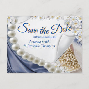 Blue Silk & Ivory Pearls Save the Date Ankündigungspostkarte