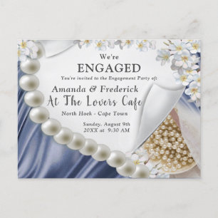 Blue Silk & Ivory Pearls Verlobung Einladungspostkarte