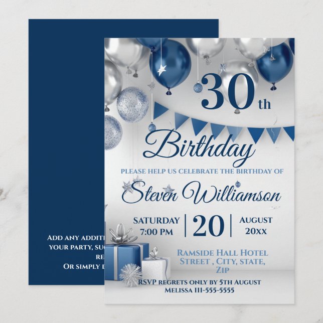 Blue Silver 30. Geburtstag Einladung (Vorne/Hinten)