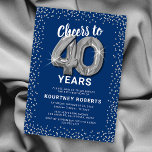 Blue Silver 40. Geburtstag Einladung<br><div class="desc">Elegante 40. Geburtstagsfeier mit einem stilvollen blauen Hintergrund,  der in jede Farbe verändert werden kann,  silberfarbenem funkelnd Glitzer,  vierzig silbernen Helliumballons und einem modernen 40. Geburtstagsgeschenk,  das leicht zu personalisieren ist.</div>